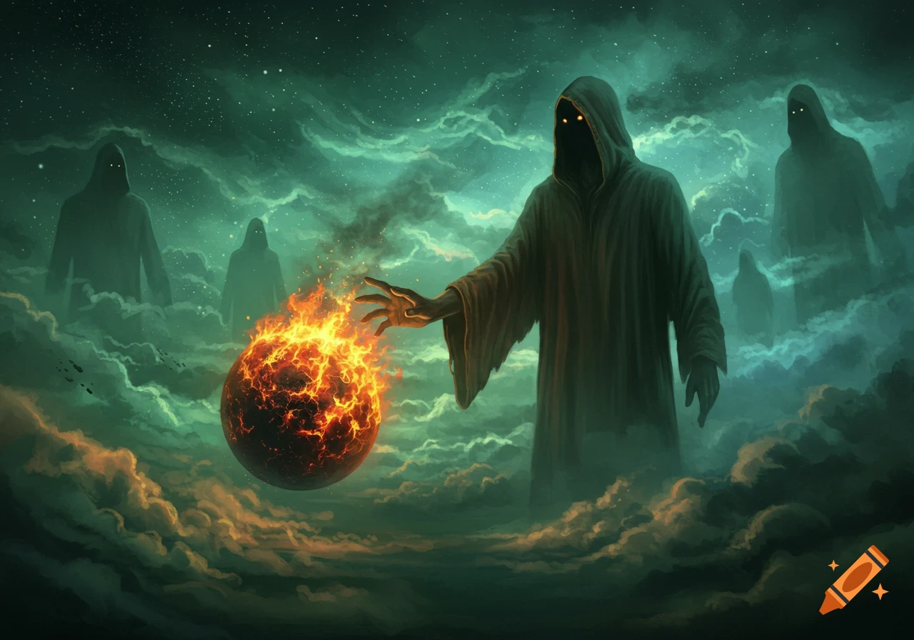 An ethereal painting of a giant hooded figure reaching a fiery planet in a surreal green and blue space with other figures.