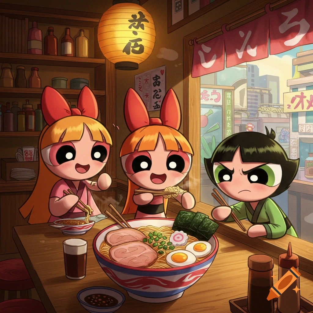 The Powerpuff Girls, Blossom, Bubbles, and Buttercup, sit at a wooden table in a ramen restaurant, eating large bowls of noodles. A cityscape is visible through the window.