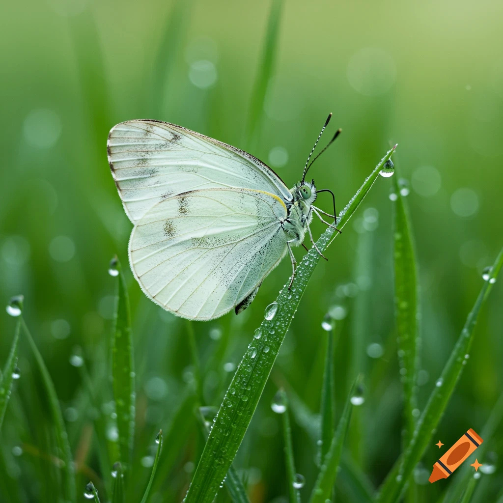A white butterfly rests on a dew-covered blade of green grass in a close-up, photorealistic shot.