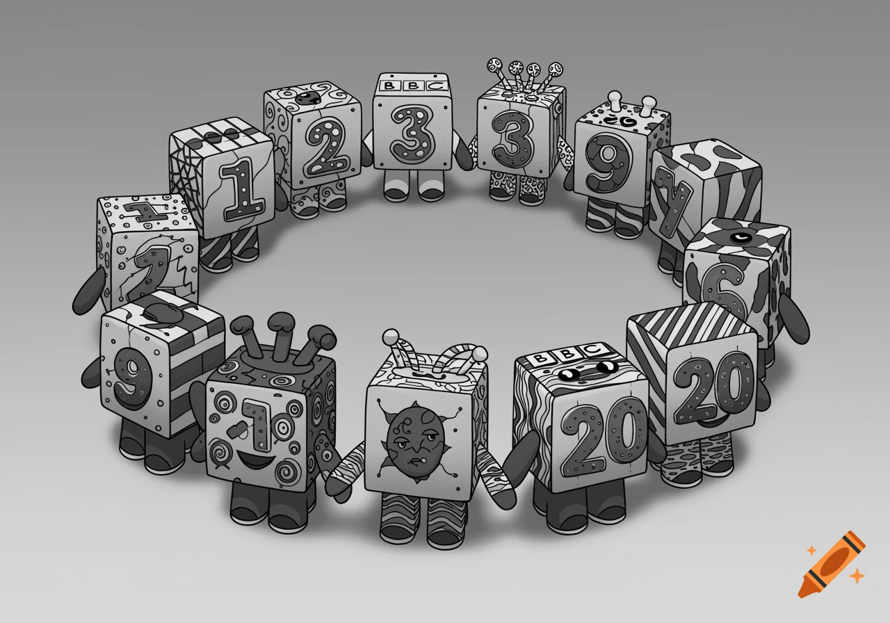 Black and white cartoon illustration of several block-shaped characters with numbers and patterns on them, standing in a circle holding hands.
