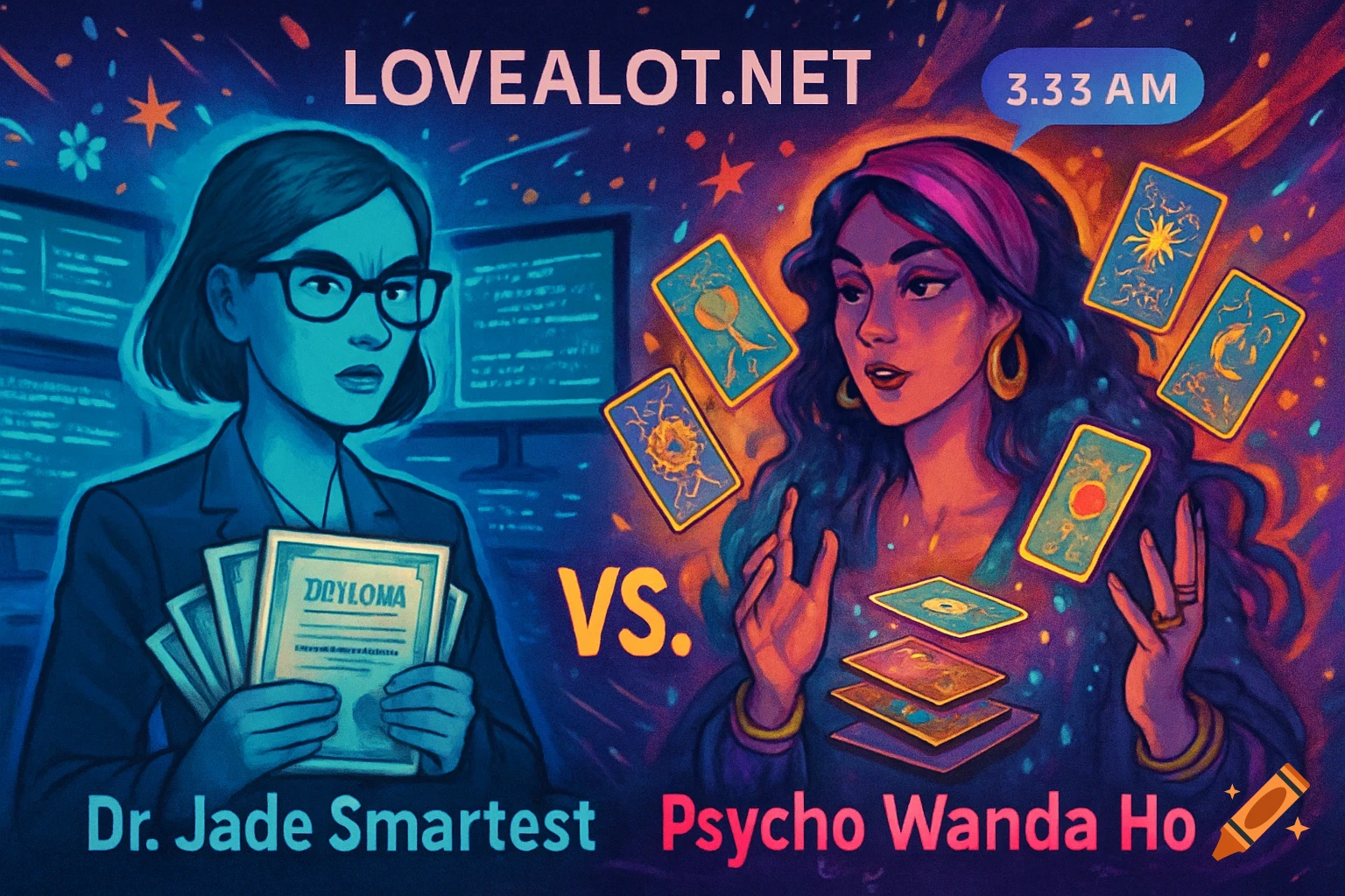 A stylized illustration of two women against a starry background. On the left, a woman with glasses holds a diploma. On the right, a woman with a headband gestures towards floating tarot cards. Text labels them "Dr. Jade Smartest" and "Psycho Wanda Ho" with "VS." in between.