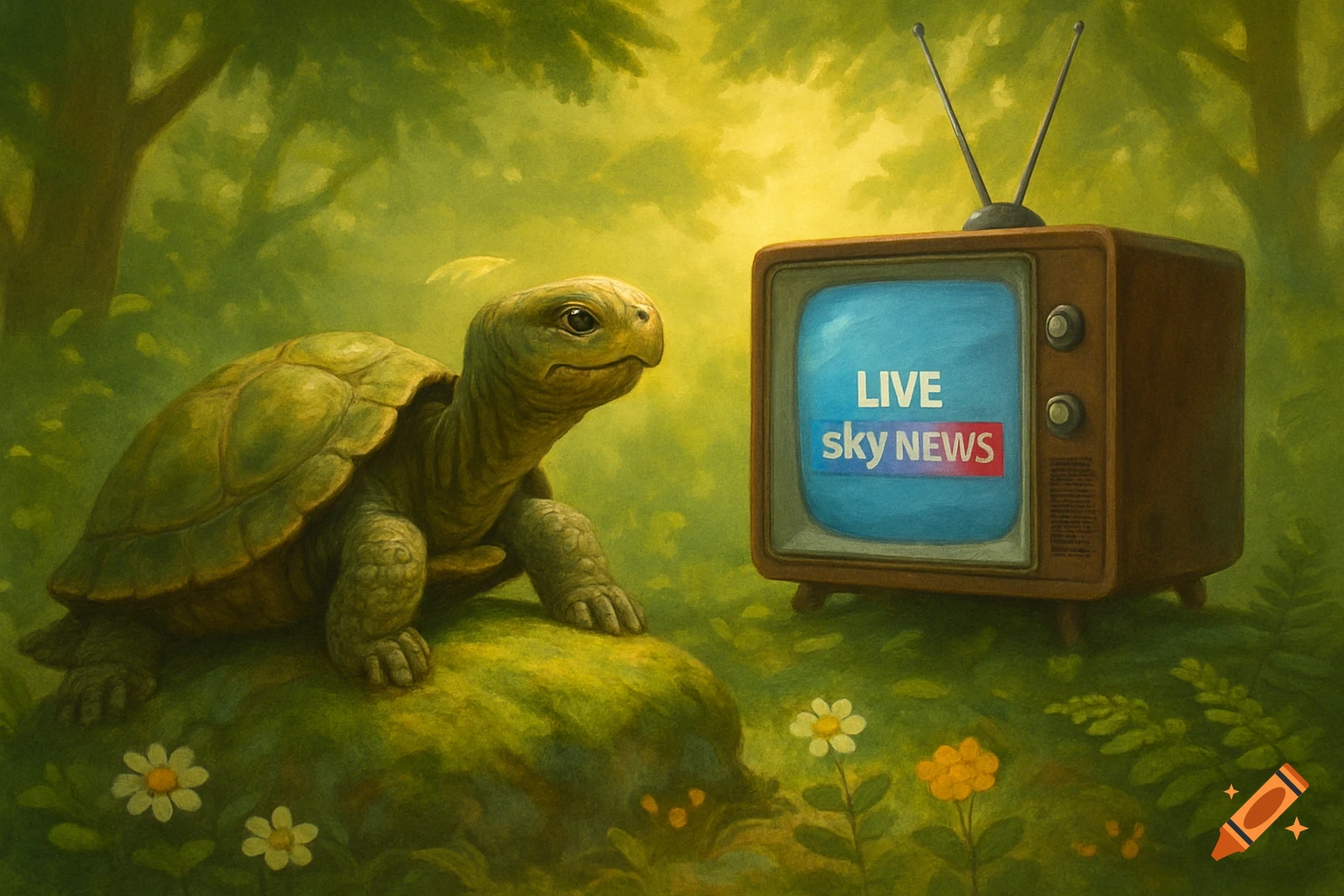 A painterly image of a turtle watching 'LIVE sky NEWS' on a vintage television in a lush green forest.