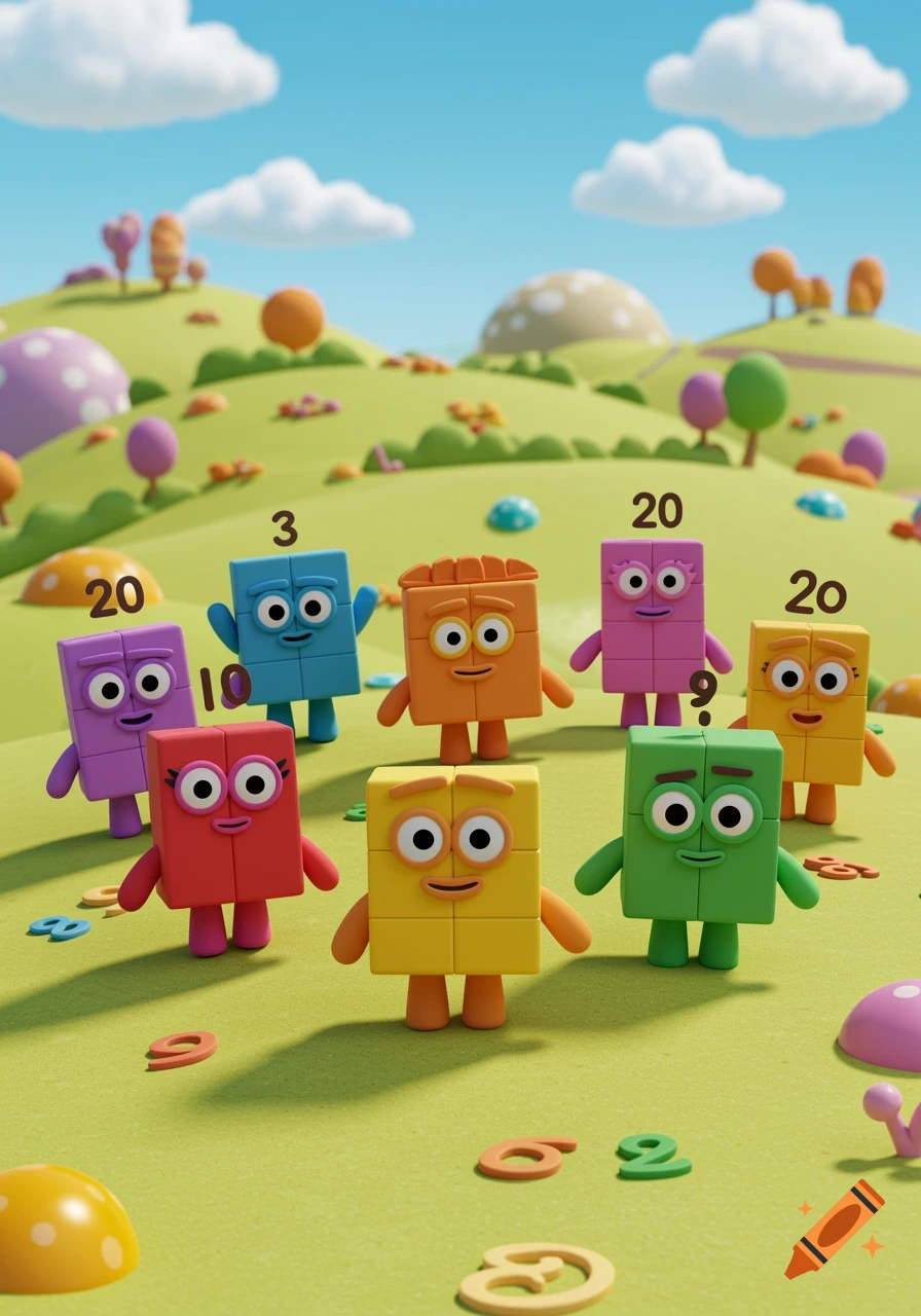 Colorful block-shaped characters, similar to Numberblocks, with numbers floating above them, standing in a bright green hilly landscape under a blue sky.