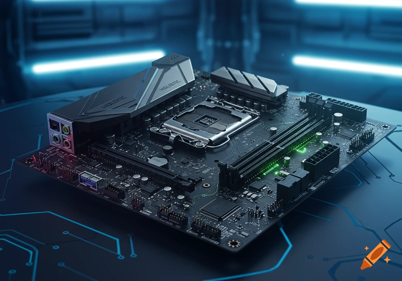 A detailed view of a Holistic Micro-ITX motherboard with glowing blue and green lights in a dark, futuristic setting.
