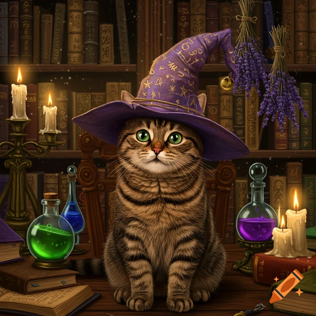A photorealistic brown tabby cat wearing a purple wizard hat sits at a wooden table surrounded by glowing potions, candles, and old books in a library.