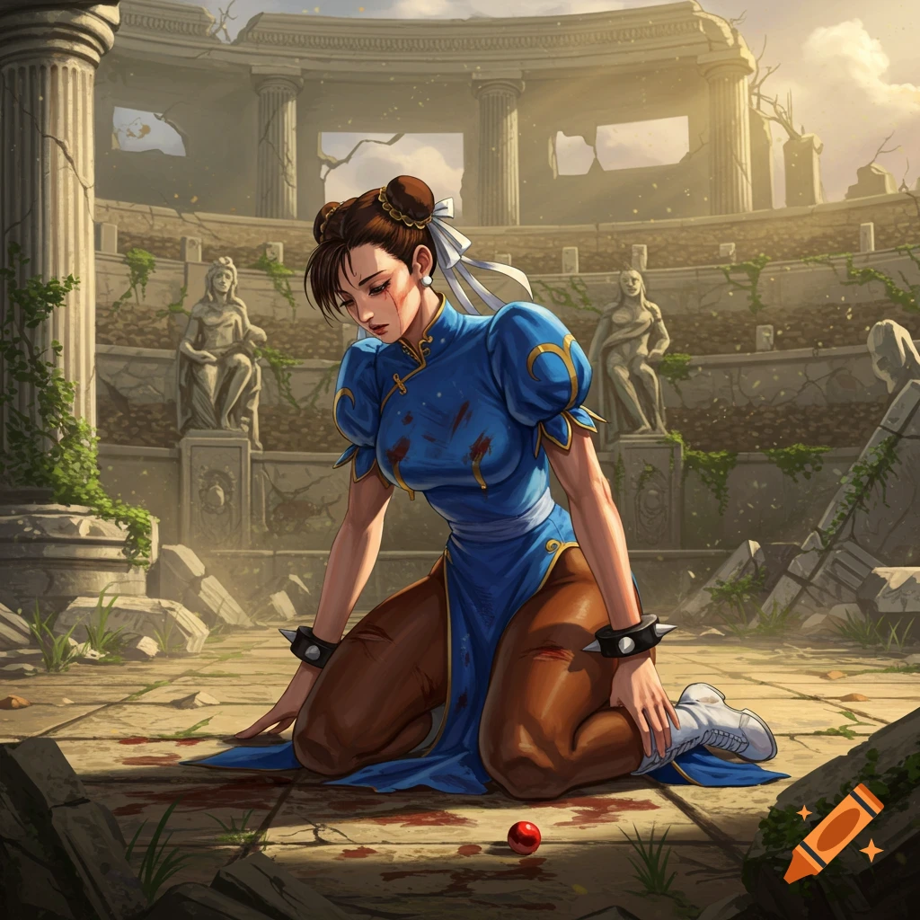 Chun Li from Street Fighter kneels defeated and bloodied in a ruined classical arena, with debris and statues surrounding her.