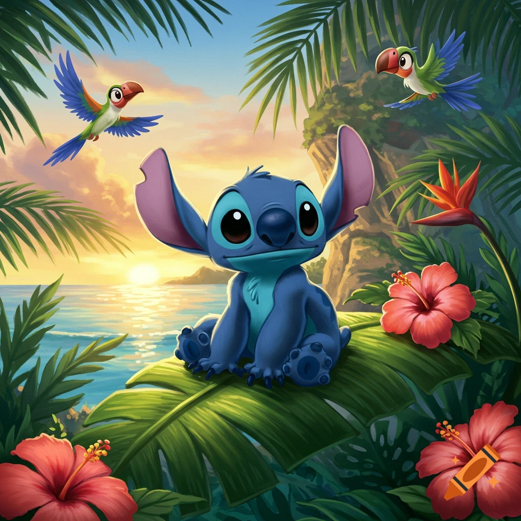 A cute blue alien character, Stitch, sits on a large green leaf in a vibrant tropical landscape with red hibiscus flowers, palm trees, and two colorful parrots flying, all under a sunset sky over the ocean.