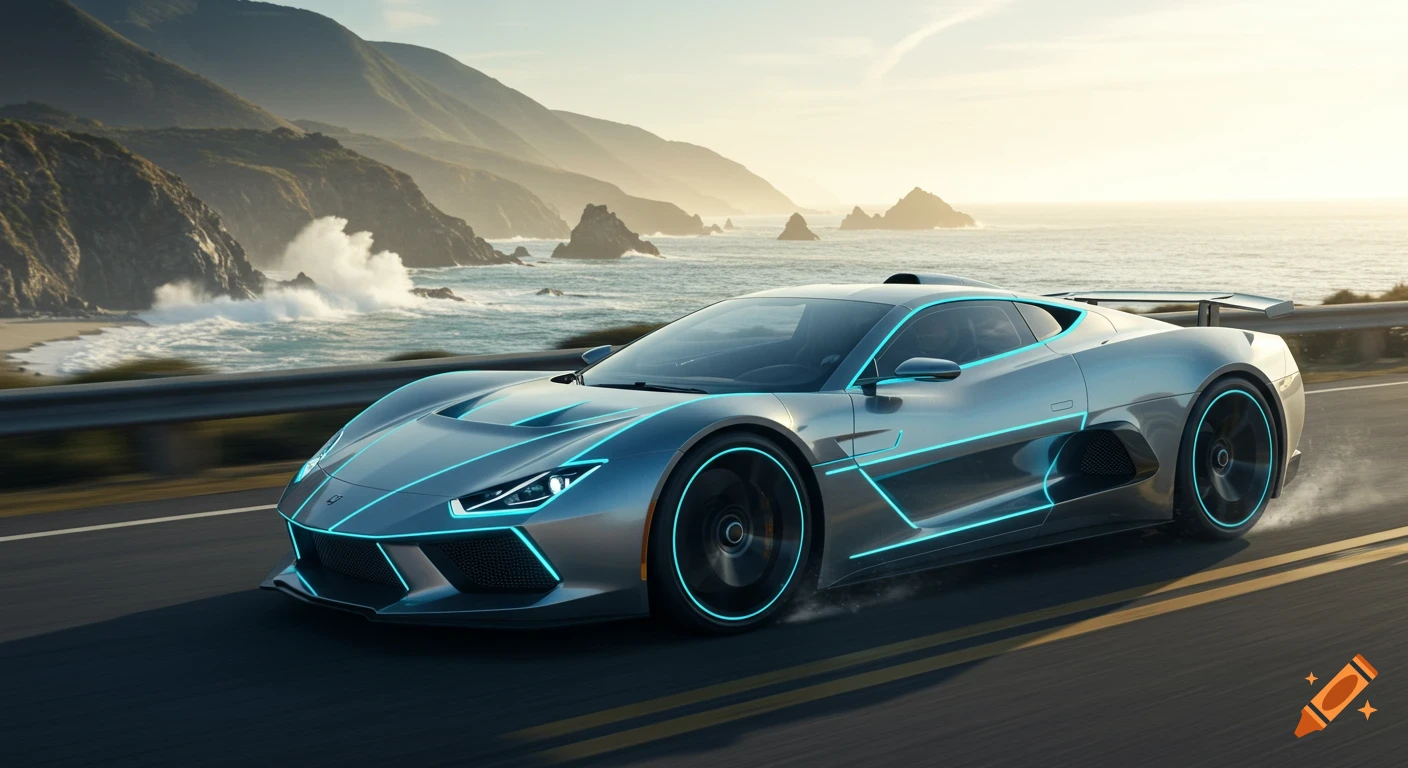 A sleek, silver futuristic sports car with glowing blue lines drives along a scenic coastal highway at sunset.