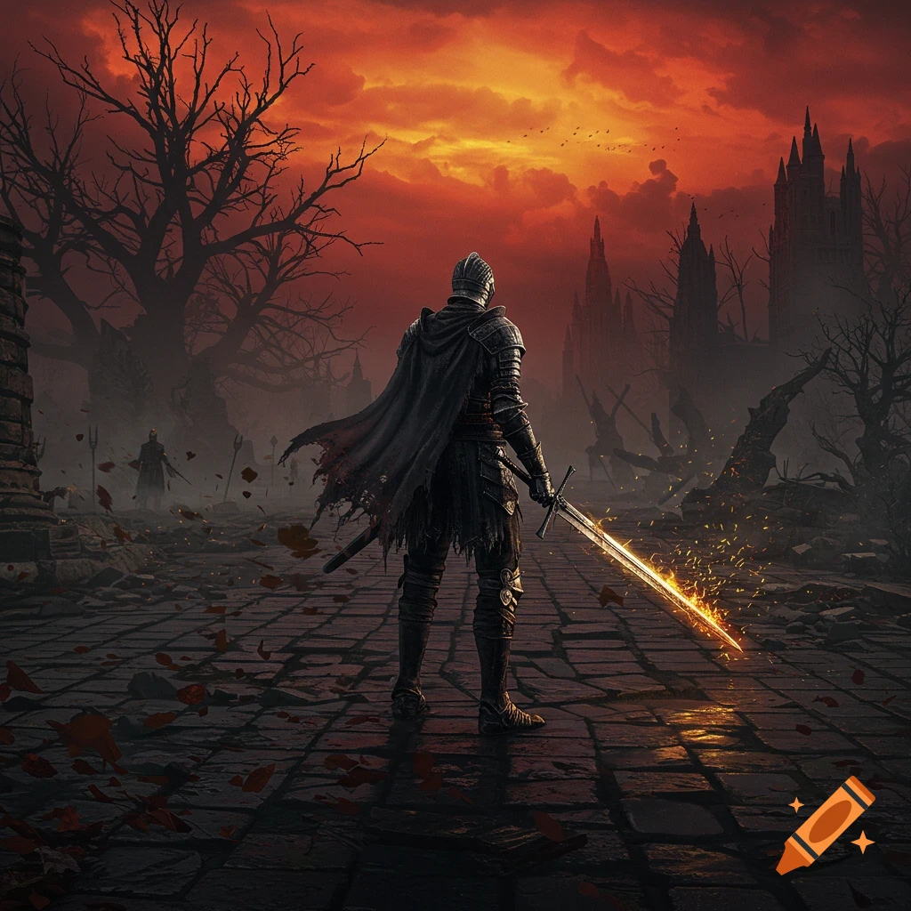 A lone knight in dark armor stands with a glowing sword in a ruined, desolate landscape under a fiery red sky.