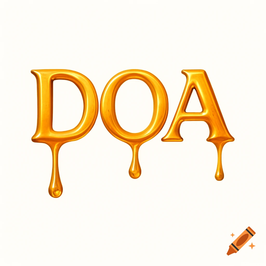 Golden letters DOA dripping like honey on a white background.