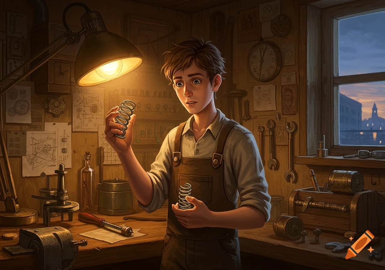 A young man with an apron holds a coil spring under a lamp in a workshop.