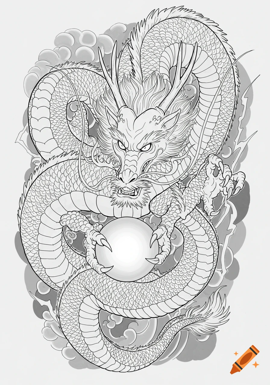 Detailed black and white line art of a coiled dragon with a fierce expression, holding a glowing orb. Tattoo style illustration.