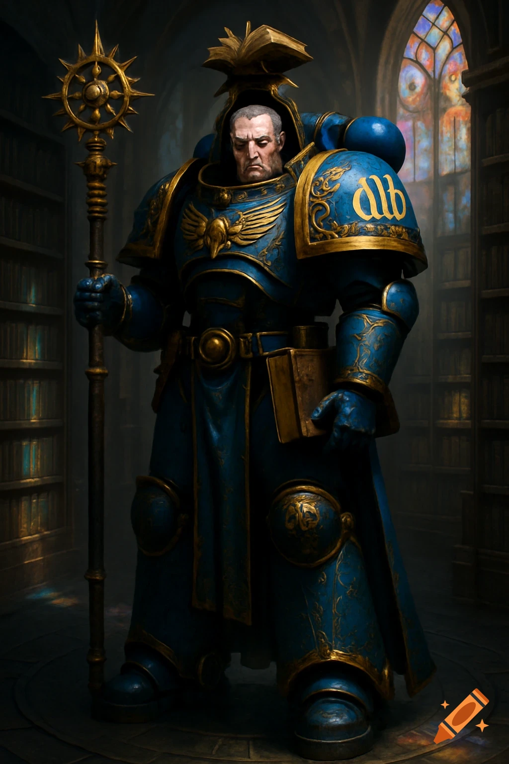 A Space Marine librarian in ornate blue and gold power armor holds a staff, standing in a gothic library with stained glass windows.