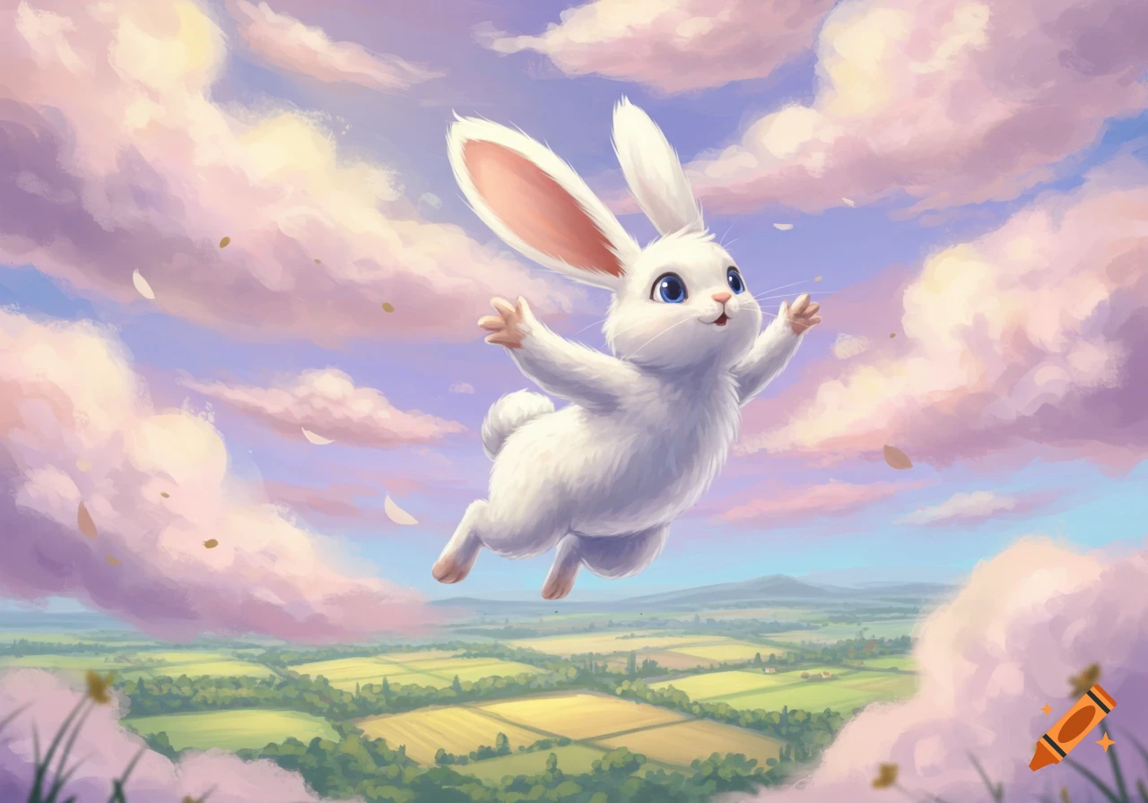A fluffy white cartoon rabbit with blue eyes flies above a green and yellow patchwork landscape under a pink and purple cloudy sky, digital art.