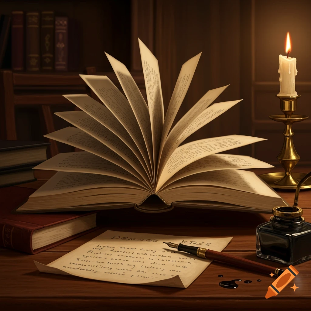An open book with fanned pages rests on a wooden desk, next to a lit candle, an inkwell with a pen, and a handwritten letter.