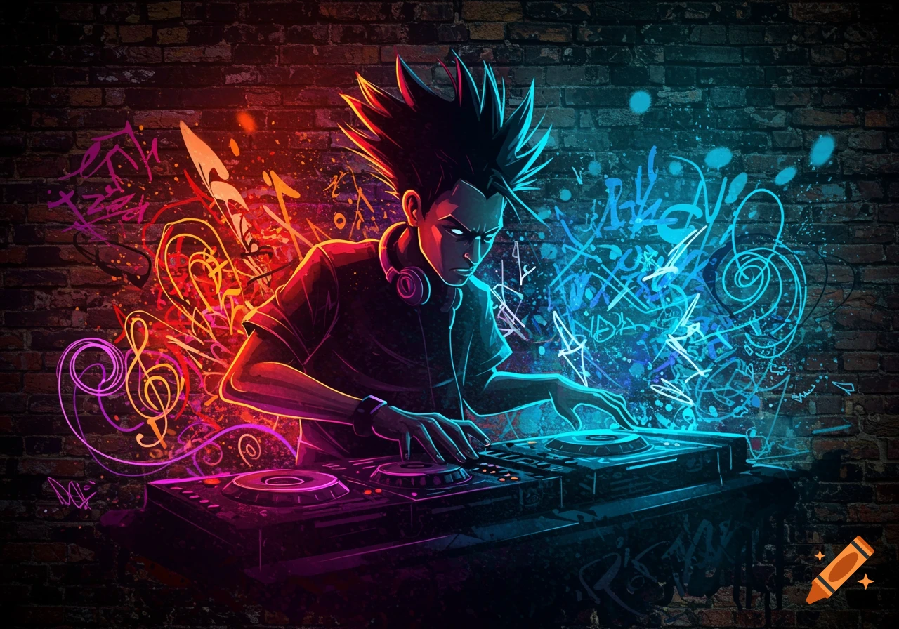 A neon-lit DJ with spiky hair plays on turntables, surrounded by vibrant red and blue graffiti and musical notes on a brick wall.