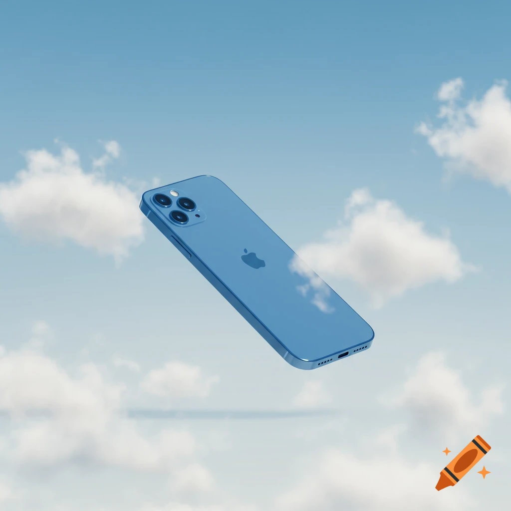 A blue iPhone, viewed from the back, floats in a clear blue sky surrounded by fluffy white clouds.