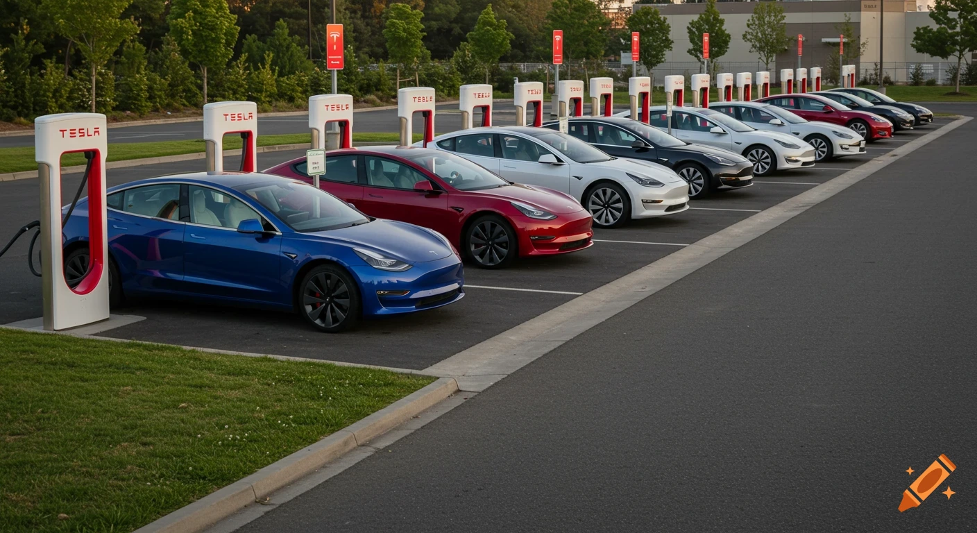A line of various colored Tesla cars parked and charging at Tesla Supercharger stations in a parking lot with green grass and trees.