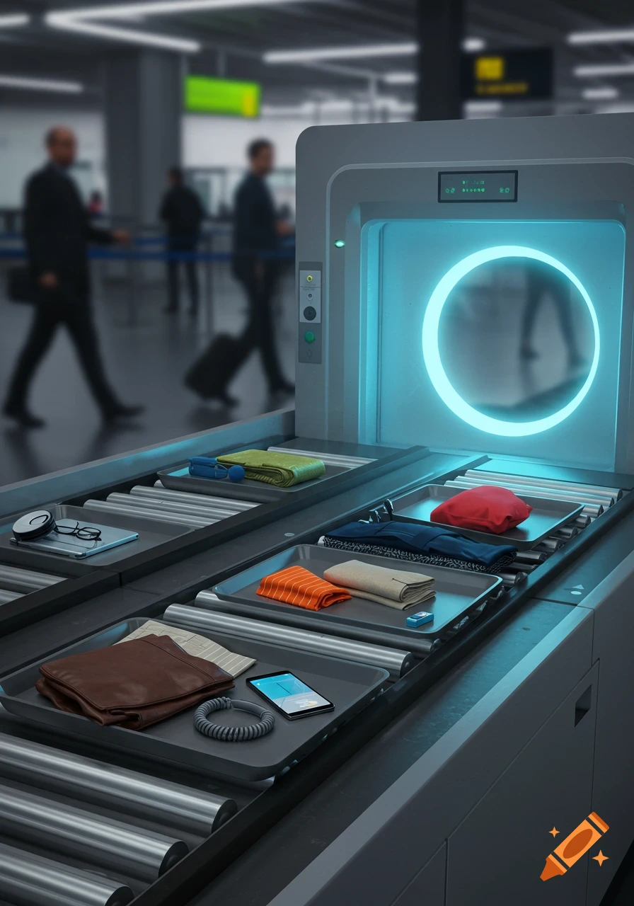 Trays with personal items like a tablet, glasses, and folded clothes move on a conveyor belt into a glowing X-ray machine at an airport security checkpoint.