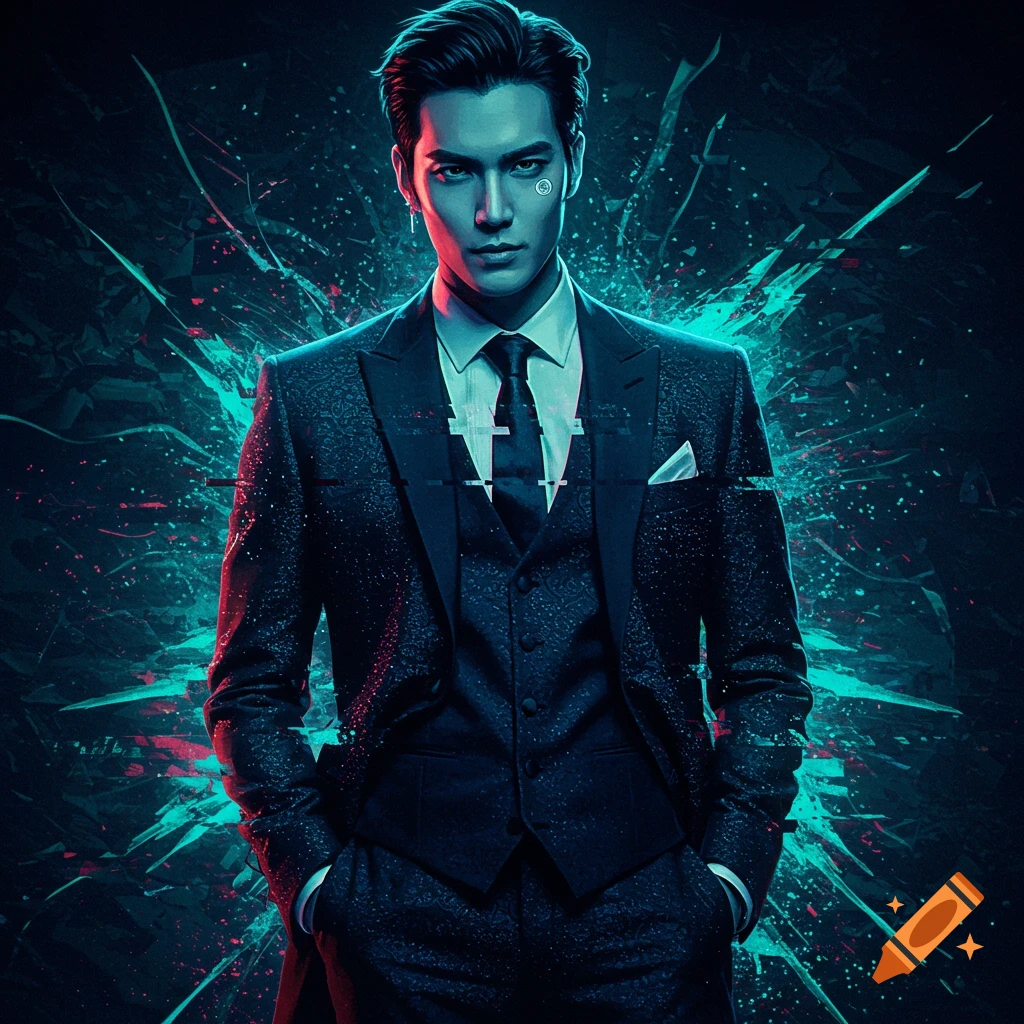A man in a dark suit with a patterned texture stands against a background of shattered glass and neon blue and red lights, with digital glitch effects over his face and tie.