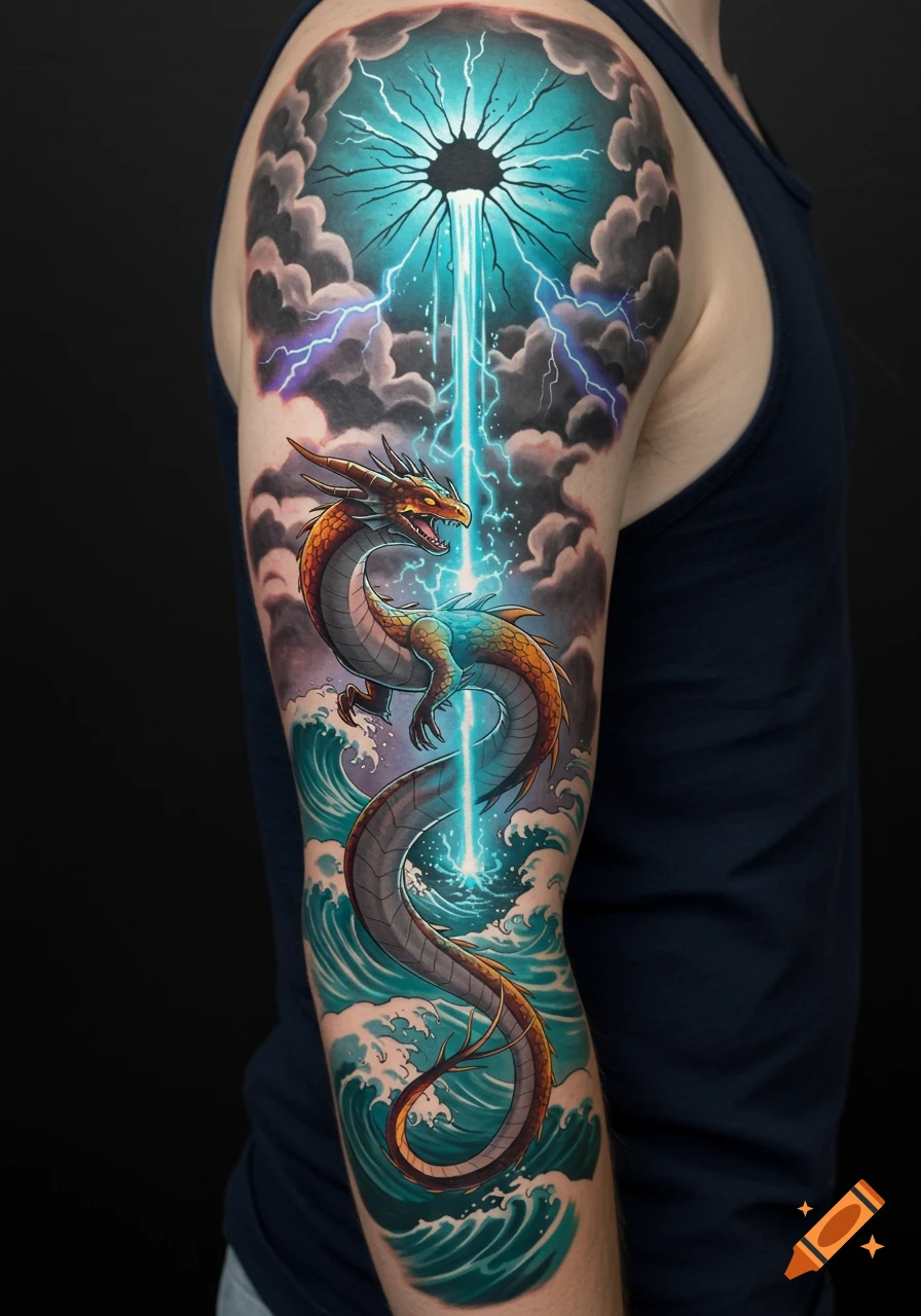 Colorful fantasy tattoo of a dragon, lightning, clouds, and waves on a person's upper arm.