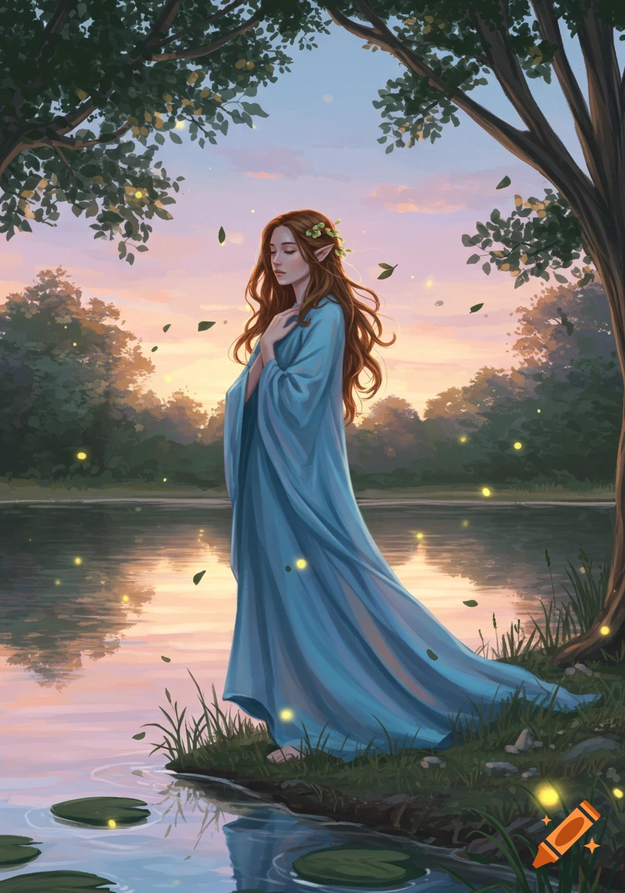 An illustration of an elven woman in a flowing blue dress standing by a lake at sunset with glowing lights and falling leaves.
