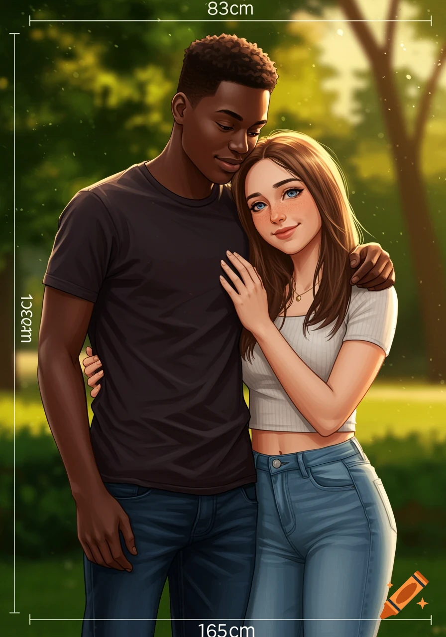 An illustrated portrait of a young couple embracing in a sunlit park.