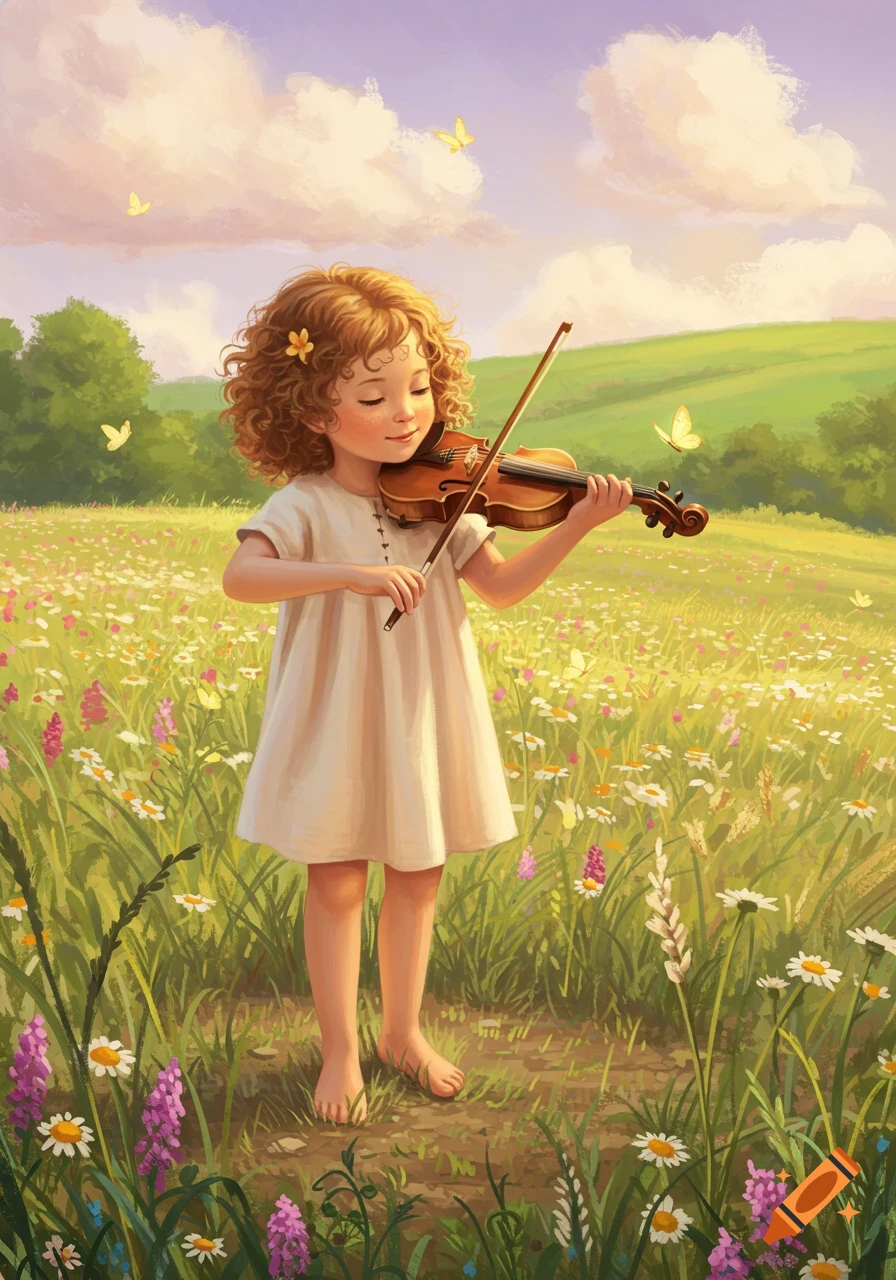 A curly-haired child plays a violin in a sunlit field of wildflowers with butterflies, painted illustration.