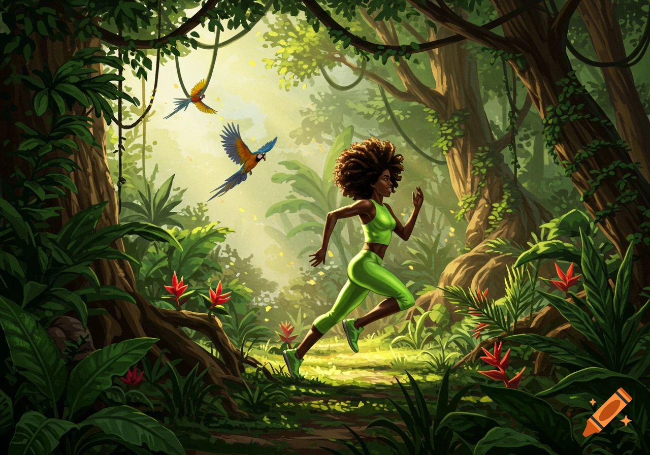 An illustration of a Black woman with an afro running through a lush, sunlit jungle path with two parrots flying nearby.