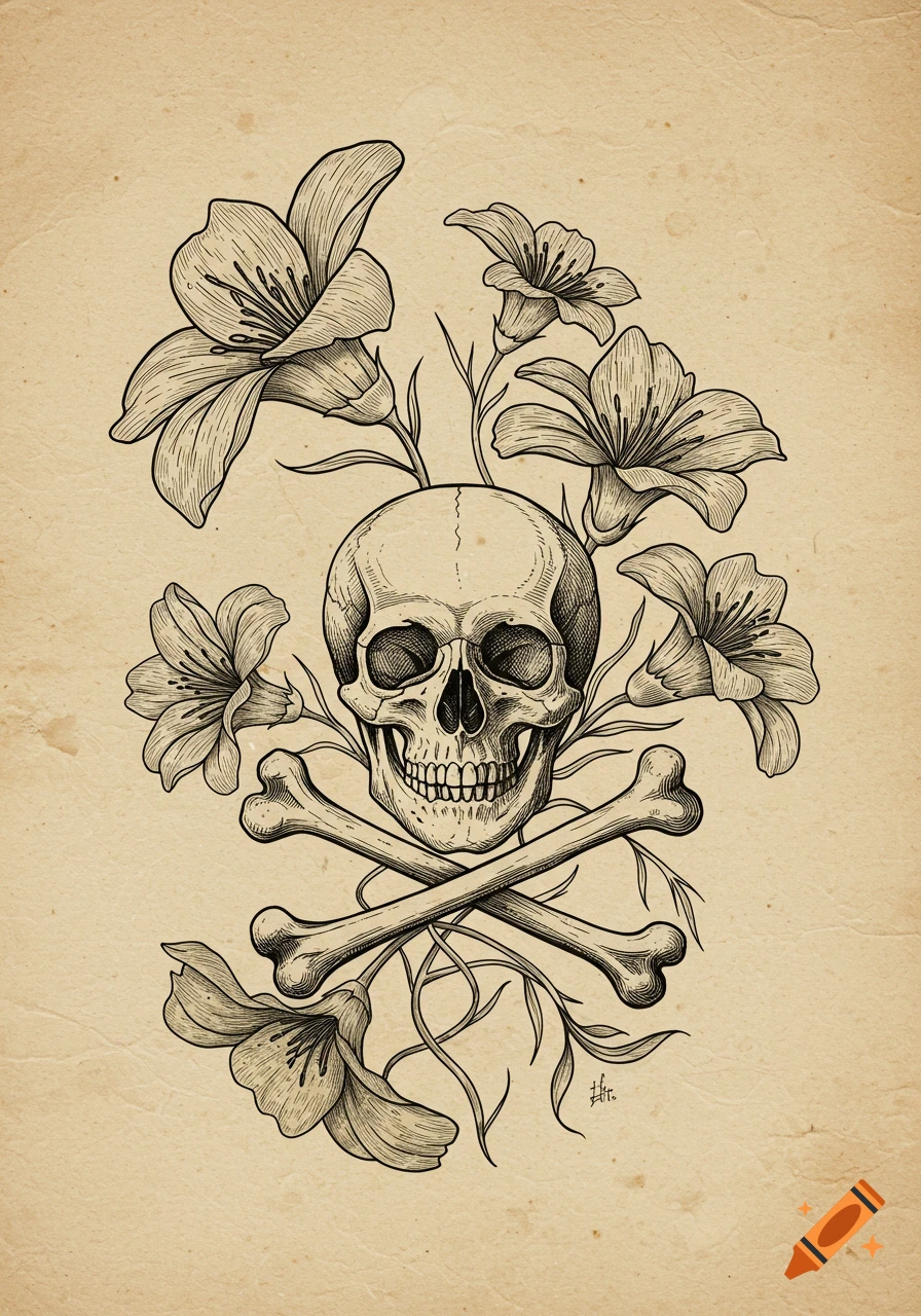 Detailed line art illustration of a human skull with crossed bones, surrounded by blooming lilies on aged paper.