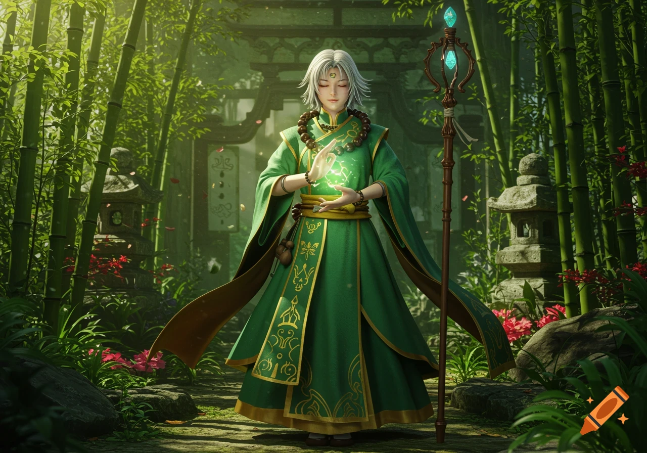 A white-haired master monk in a green robe meditates, hands glowing with magic in a serene bamboo forest with stone lanterns.