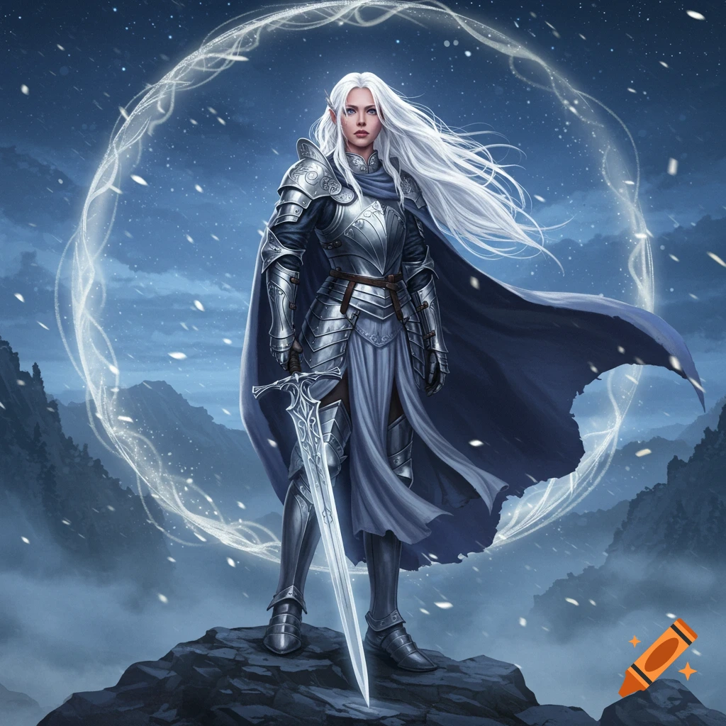 A white-haired female elf-like warrior in full silver armor stands on a snowy mountain, holding a sword. A glowing magical ring hovers behind her.