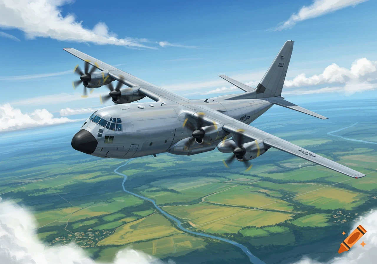 A C-130J-30 military transport aircraft flies through a blue sky with white clouds over a green landscape with fields and a winding river.