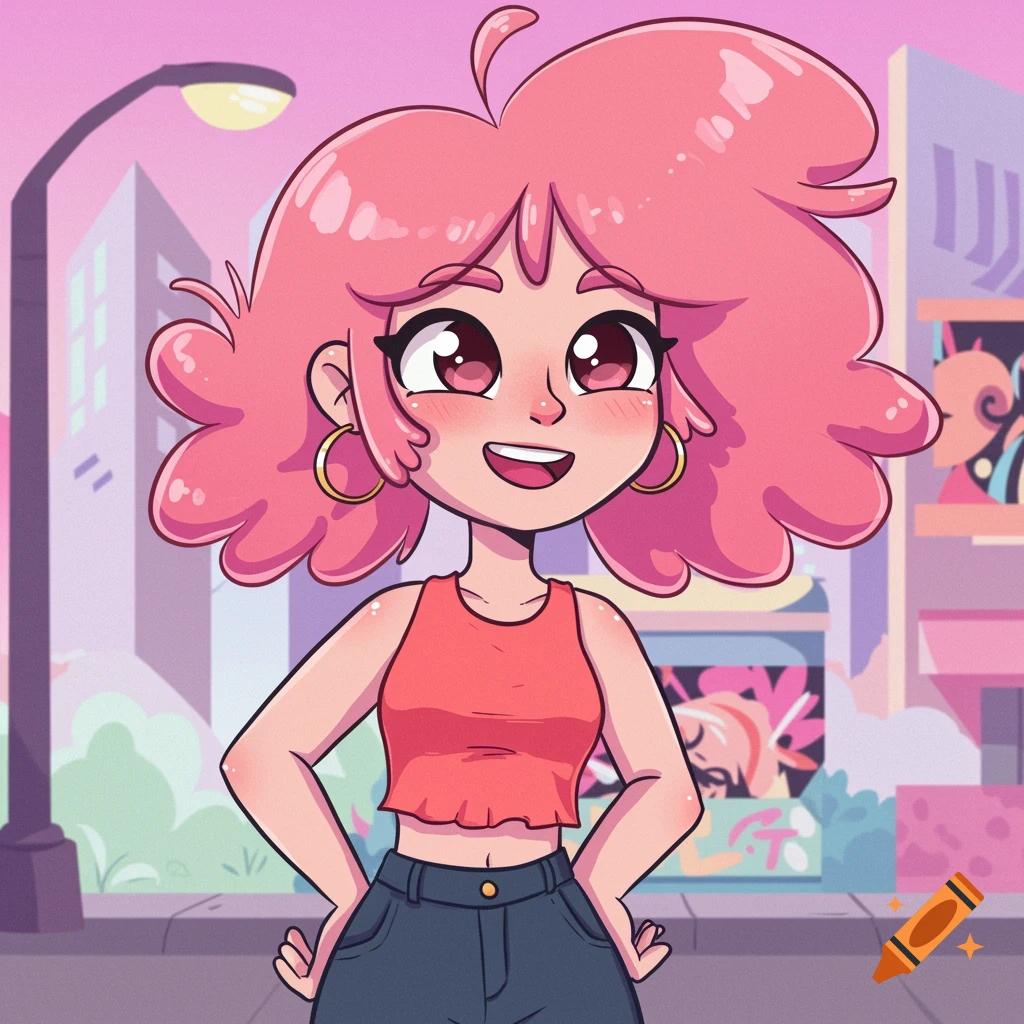 A smiling cartoon girl with pink curly hair, a red crop top, and blue jeans stands on a city street at dusk.