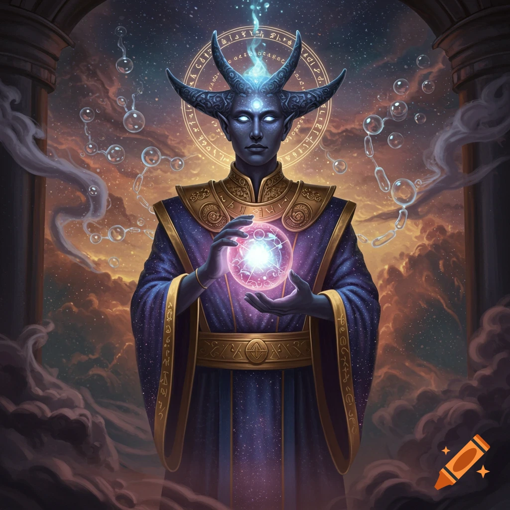 A blue-skinned, horned alchemist god in ornate robes holds a glowing magical orb against a cosmic sky with runes.