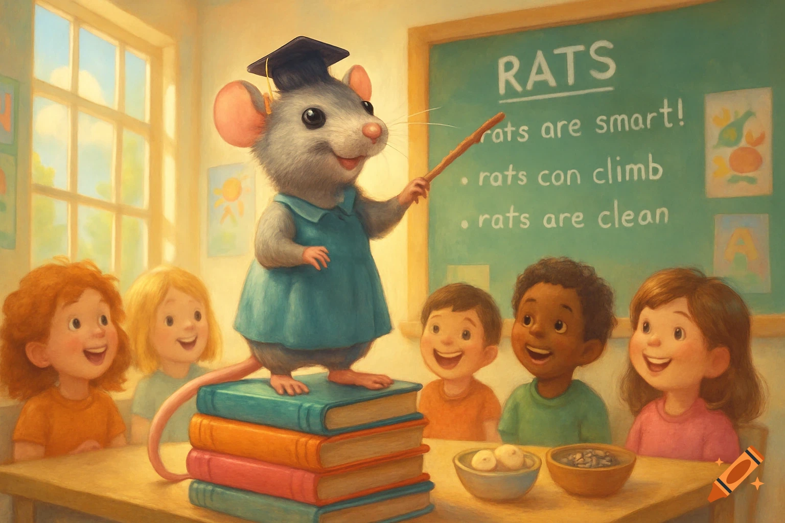 A smiling rat wearing a graduation cap teaches a class of diverse children in a bright classroom, pointing to a chalkboard that reads "RATS rats are smart! rats con climb rats are clean."
