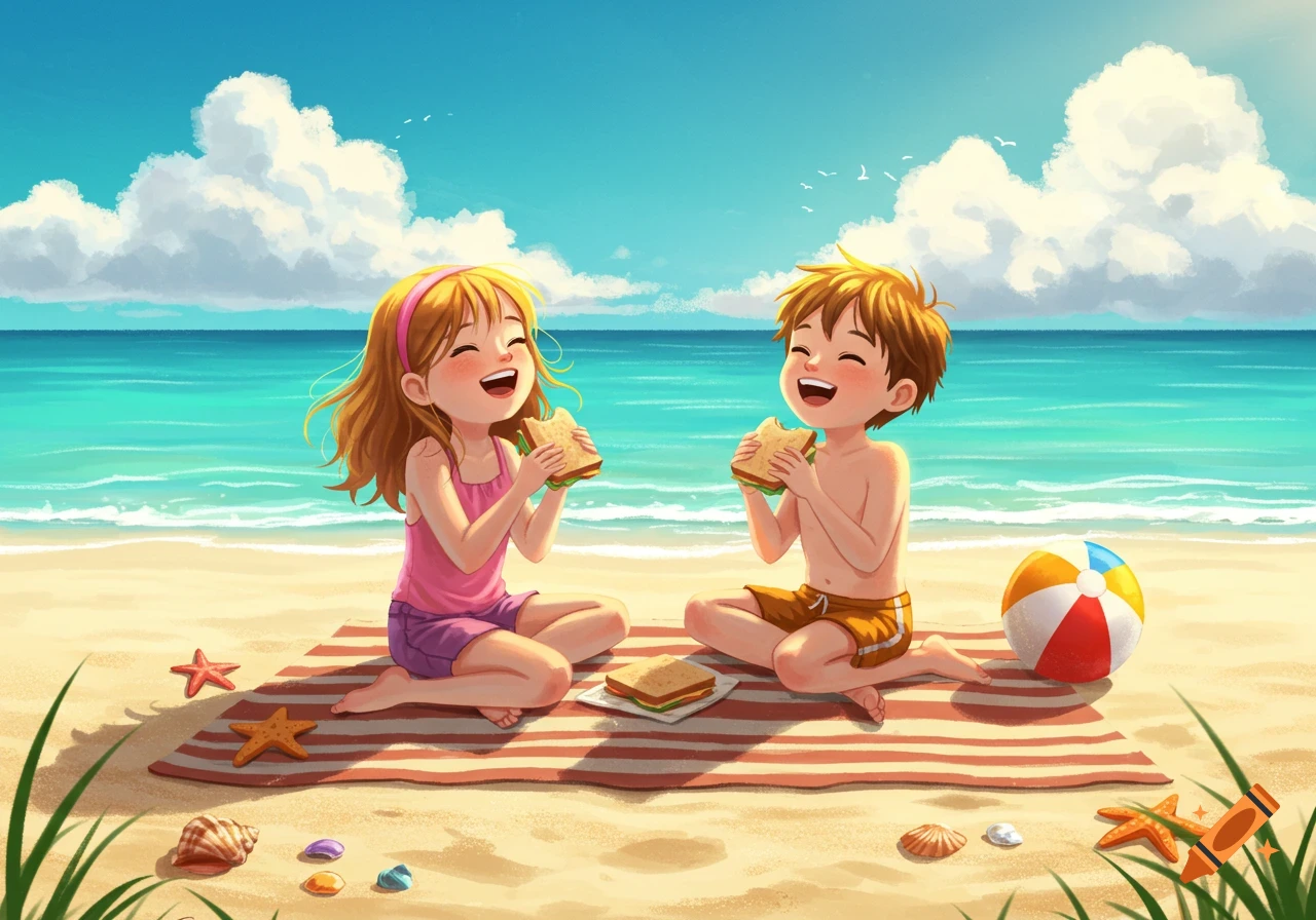 A happy cartoon girl and boy eat sandwiches on a striped blanket at a sunny beach.