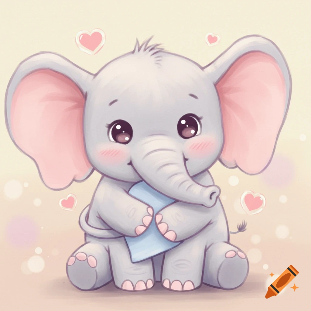 A cute, smiling gray cartoon elephant with large pink ears hugs a light blue blanket, surrounded by floating pink hearts and bokeh lights.
