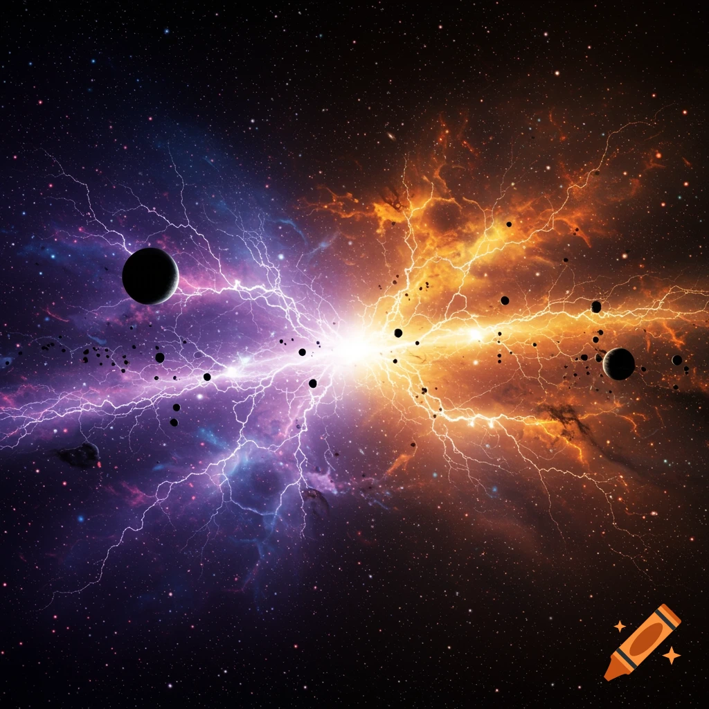 A vibrant cosmic collision of two universes with purple and orange energy, stars, and planets.