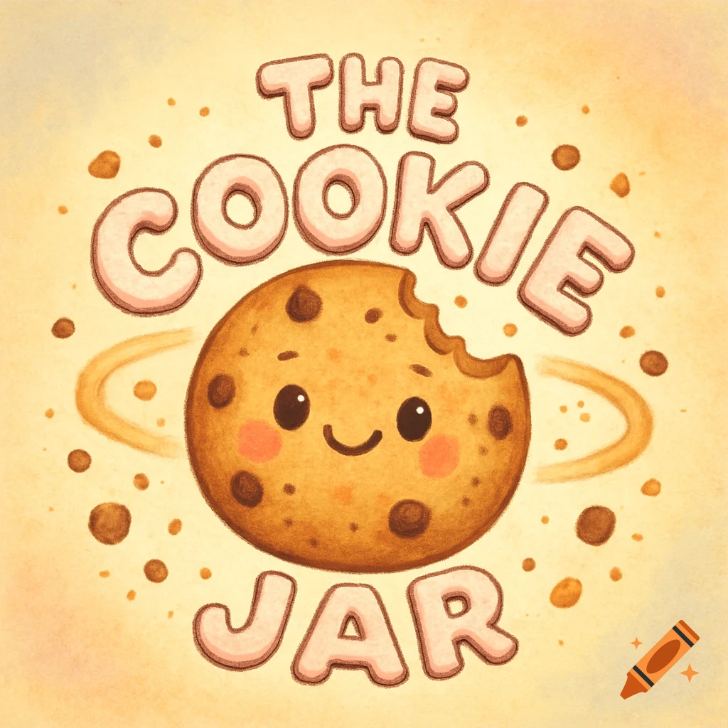 A cute cartoon cookie with a bite taken out, smiling, surrounded by the words 'THE COOKIE JAR' on a warm background.