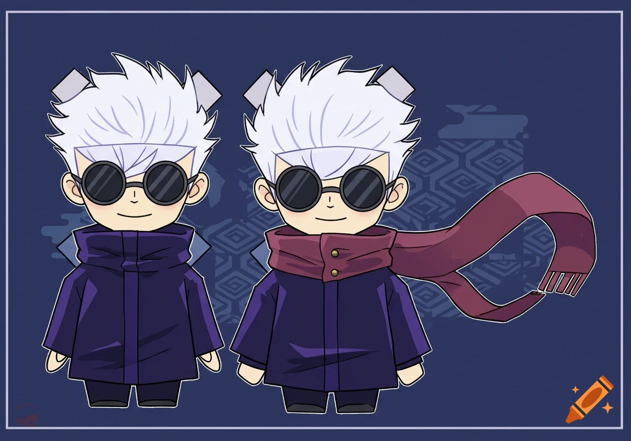 Two chibi-style anime characters, Gojo Satoru, as paper dolls, one with a scarf, on a patterned blue background.