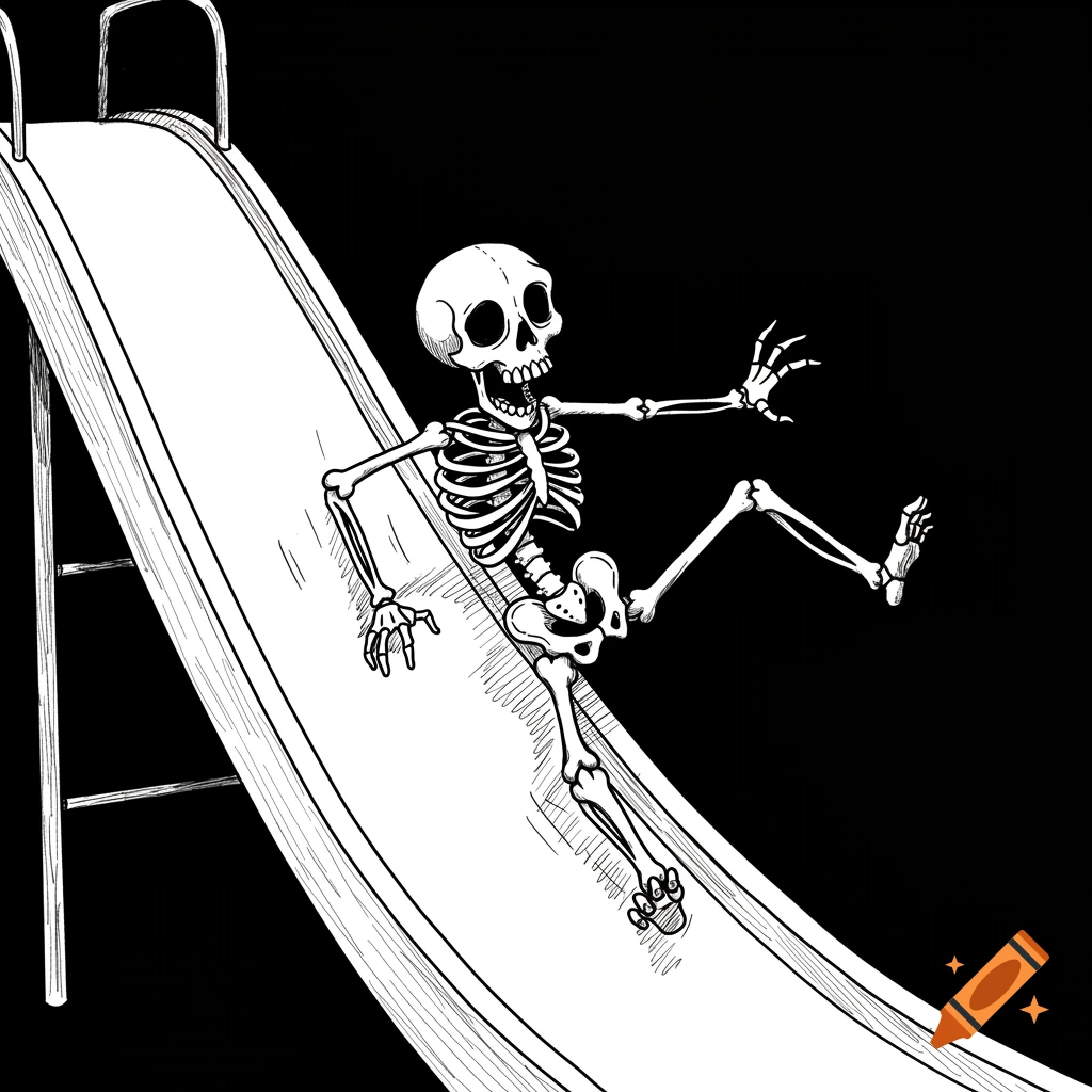 A black and white sketch of a skeleton enthusiastically sliding down an indoor slide against a black background.