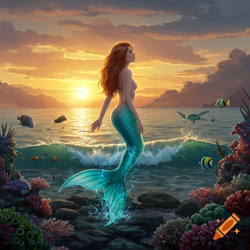 A mermaid with long auburn hair stands on a rocky shore emerging from the water at sunset, in a fantasy art style.