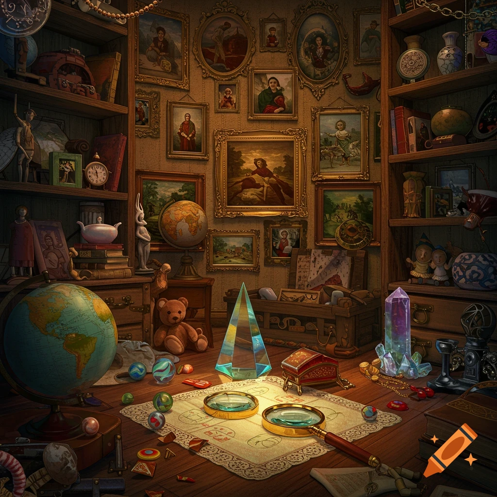 A cluttered room filled with antique items: globes, magnifying glasses, framed paintings, books, and crystals. Detailed, illustrative style.