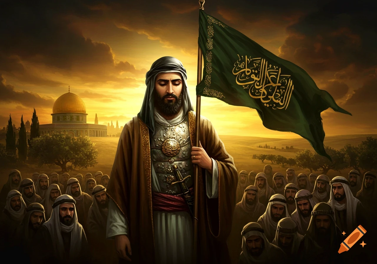 A bearded warrior in ancient attire holds a green flag with Arabic calligraphy, standing before a crowd of men and the Dome of the Rock at sunset.