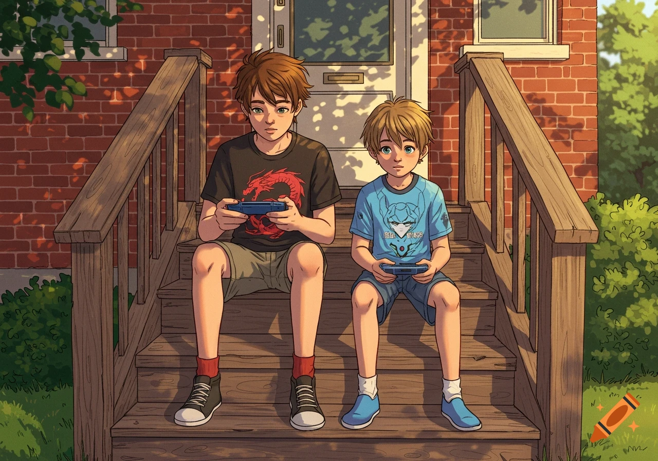 Two young boys sit on the wooden steps of a brick house, playing handheld video game consoles. The older boy wears a black shirt with a red dragon, and the younger boy wears a light blue shirt with a robot design.