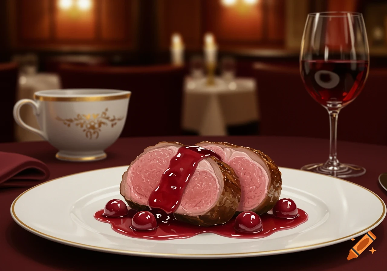 A plate of sliced lamb with cherry sauce and whole cherries, a teacup, and a glass of red wine on a table in a restaurant.
