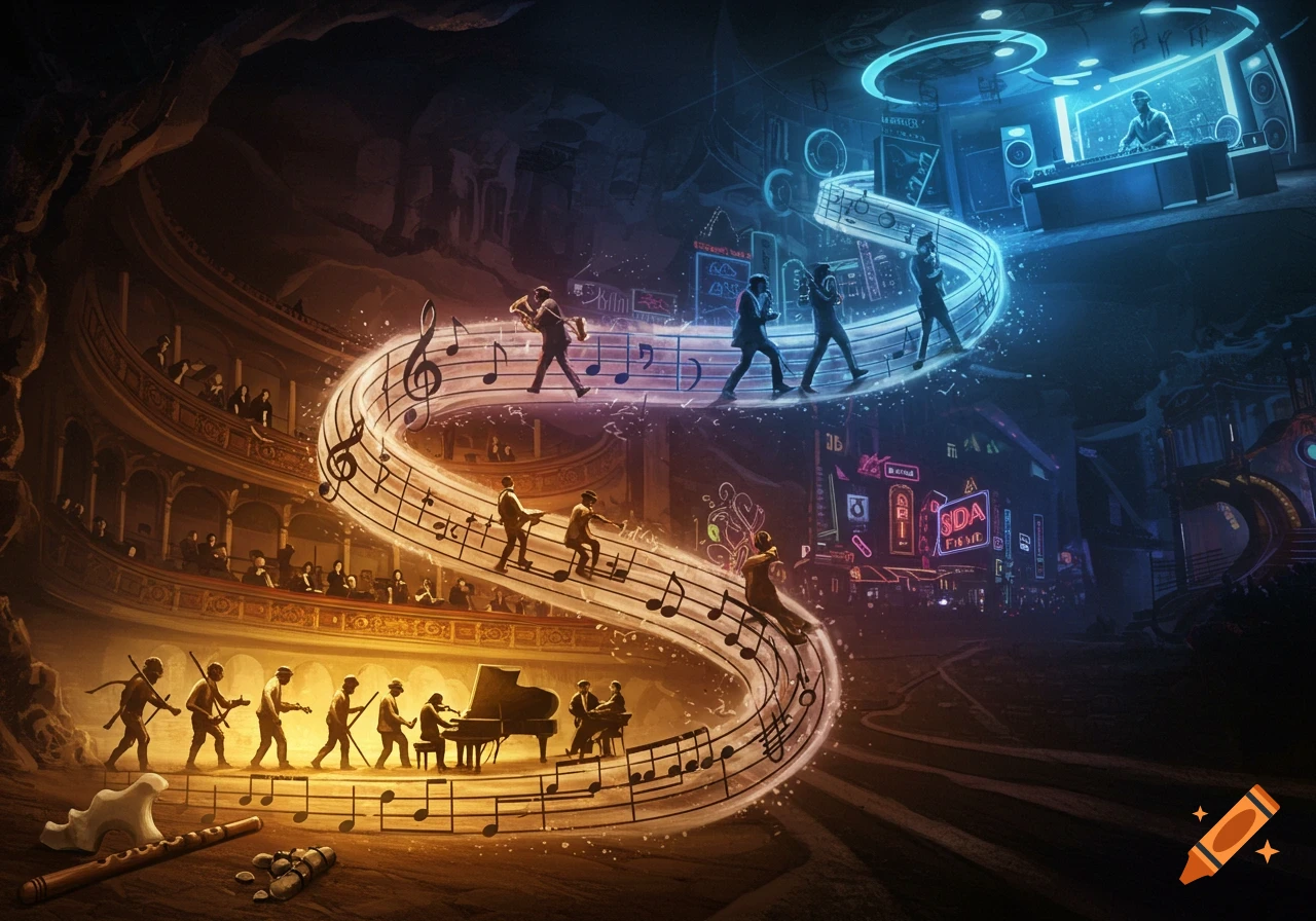 A conceptual artwork depicting the evolution of music, with figures playing instruments along a swirling musical staff from a cave to a futuristic cityscape.