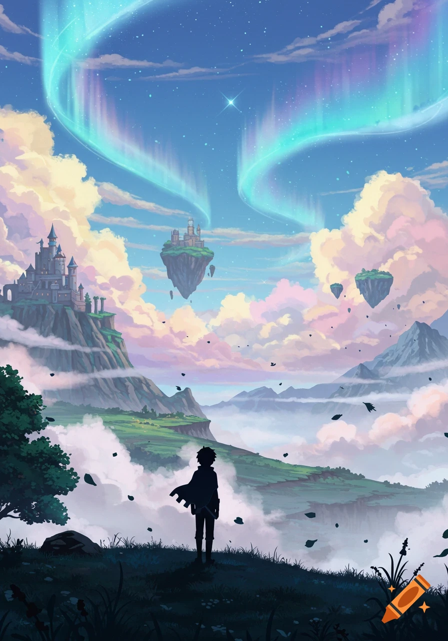 Silhouette of a person overlooking a vibrant fantasy landscape with a castle on a cliff, floating islands, and a colorful aurora in the sky.