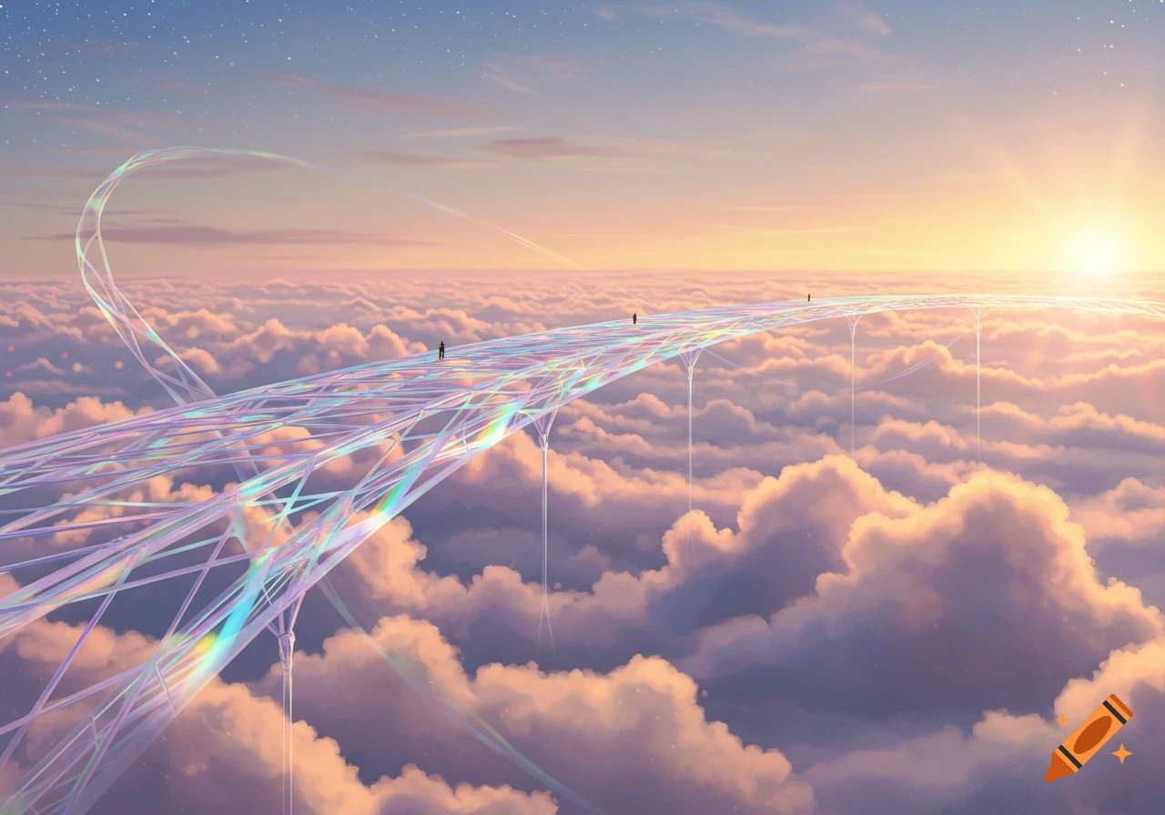 A colorful, prismatic bridge spans across a sea of clouds with small figures, under a vibrant sunset sky.